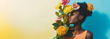 Beautiful black woman posing with colorful flowers on vivid backgroundの素材