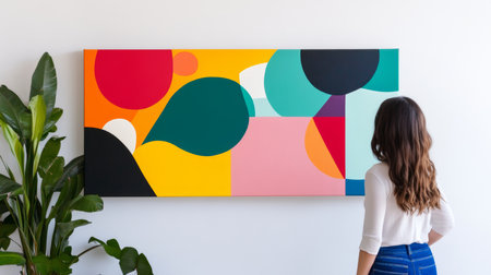 Art curator looking at a colorful abstract geometric painting hanging on a white wall in an art galleryの素材
