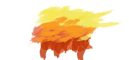 Warm yellow, orange, and red brushstrokes merging into dynamic abstract painting, generating vibrant color interaction against bright white background, modern color spotの写真素材