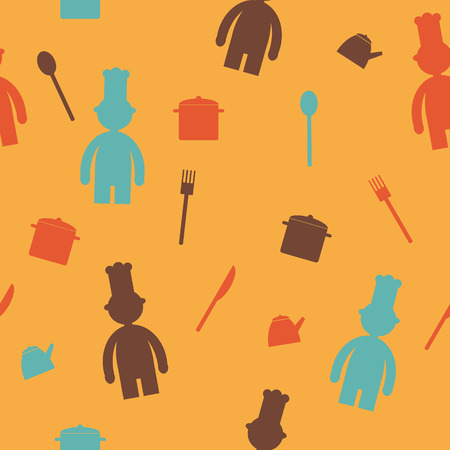 Pattern on the theme of food. chef, fork, spoon, knife, saucepan, kettleのイラスト素材