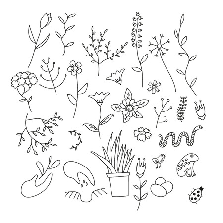 Set of spring plants, flowers and animals, hand-drawn, black contour on white backgroundのイラスト素材