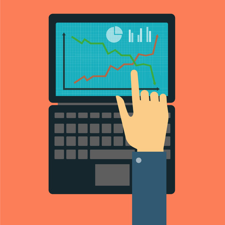 Hand showing on the laptop with the curve of the financial marketのイラスト素材