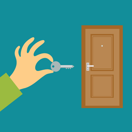 Flat design vector illustration concept. Hand with a key opens or closes the door. Secret data security, buy or rent real estateのイラスト素材
