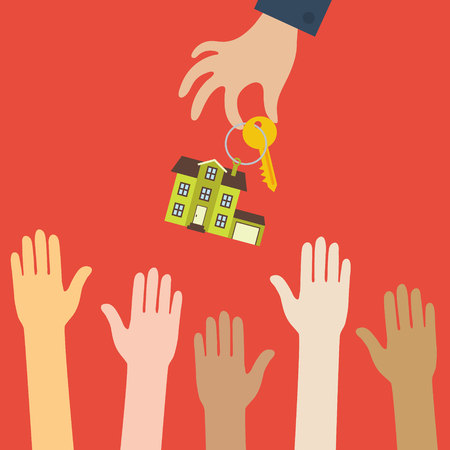 real estate concept in flat style - hand real estate agent holding holds a key with a tag in the form of homes, and buyers with different color skin are pulling hands. Demand and supplyのイラスト素材