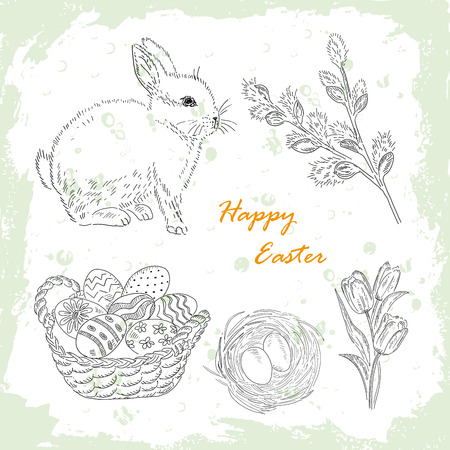 Happy Easter set. Easter eggs in a basket, willow branches, rabbit.のイラスト素材