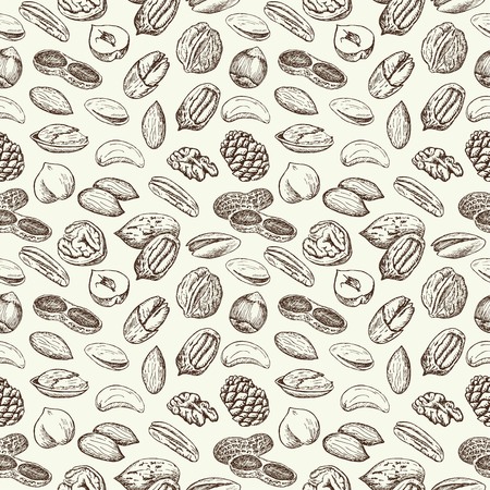 Hand drawn sketch Nuts vintage seamless pattern. Vector illustration background. Flyer, booklet advertising and design.のイラスト素材