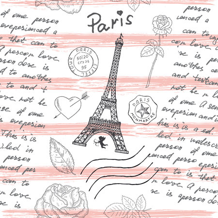 Eiffel Tower vector illustration with text and stampsのイラスト素材