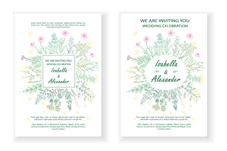 Wedding invitation frames with herbs and wild flowers. Hand drawn vintage vector illustration. Line art style. Rustic template, greenery color.のイラスト素材