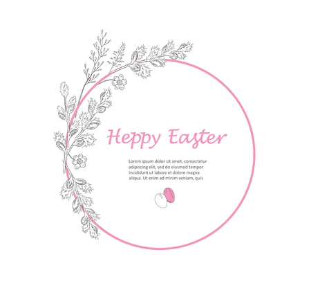 Easter greeting card. Hand drawn vector illustration. Sketched willow branch wreath with flowers. Vintage engraved spring holiday decoration. Use for poster, flyer, banner.のイラスト素材