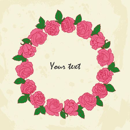 Vector round frame of roses and leaves. Vintage sketches hand drawn Illustration wreath of flowers. Can be used as a greeting card for background of Valentine's day, birthday, mother's day and so on.のイラスト素材