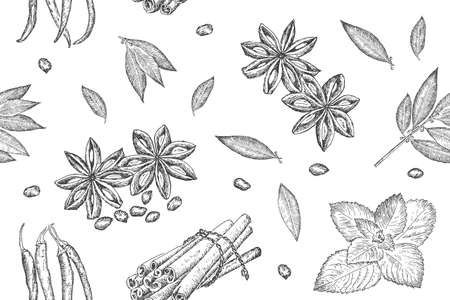 Seamless pattern with spices - cinnamon, pepper, star aniseのイラスト素材