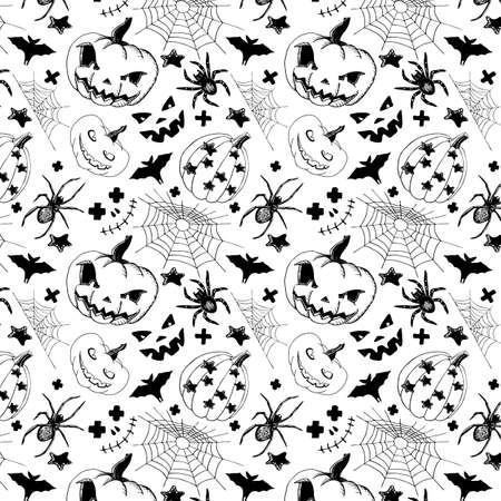 Halloween seamless pattern in black and white doodle ink style.のイラスト素材