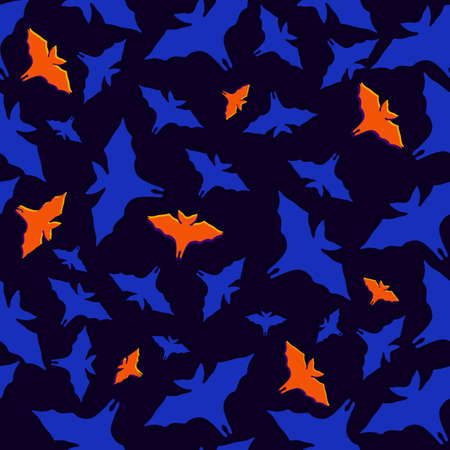 Halloween seamless pattern of flying bats in blue and orange on a dark blue backgroundのイラスト素材
