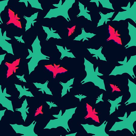 Halloween seamless pattern of flying bats in green and pink on a dark blue background