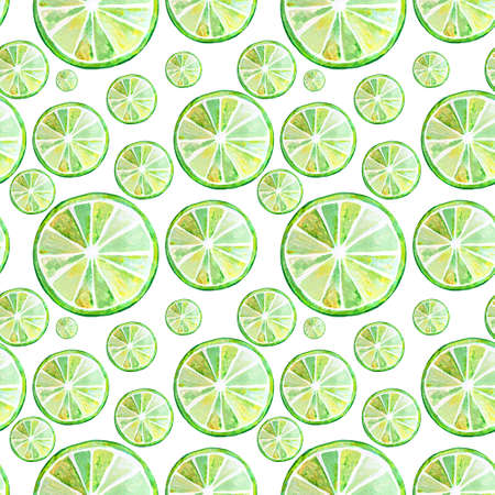 Fresh green and yellow lime slice seamless pattern. Watercolor stylized illustration.の写真素材