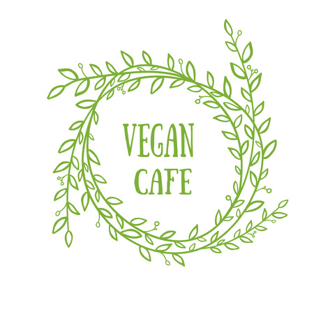 Design element with green wreath and lettering Vegan cafe. It can be used as a decor on menu, card, signboard and so on.のイラスト素材
