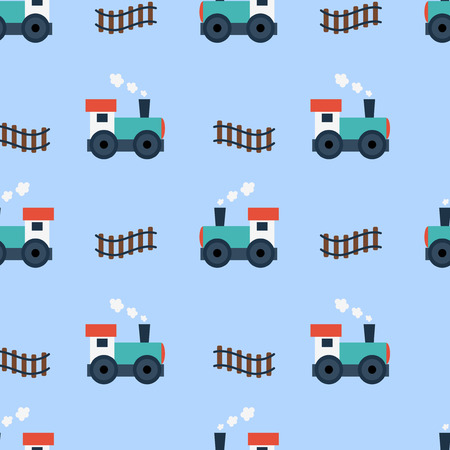 Little engine pattern on blue background. Simple flat train. Kid background for boyのイラスト素材
