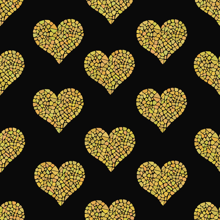 Mosaic heart pattern. Gold Hearts in mosaic style. Romantic heart background. Gold hearts on black background. Cute Mosaic heart pattern for greeting cards, wrapping paper, textile, fabric, wallpaper.のイラスト素材