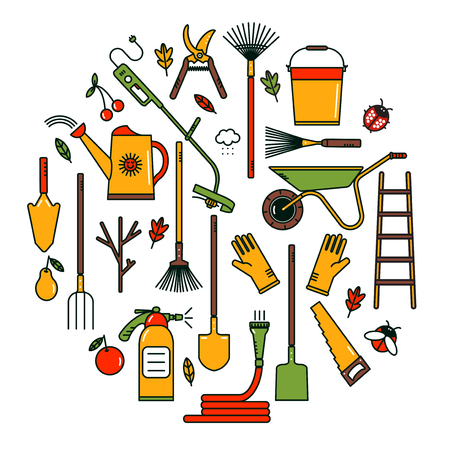 Collection of line garden tools.Set of garden tools.  Garden tools icons. Linear garden tools. Garden tools on white background.  Garden tools concept in bright colors. Gardening.のイラスト素材