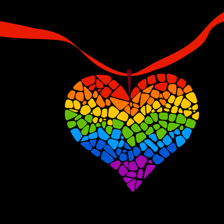 Mosaic rainbow heart on black background. Rainbow heart icon. Rainbow heart LGBT . LGBT symbol. Gay culture sign. Gay pride design element. Mosaic rainbow heart with ribbonのイラスト素材