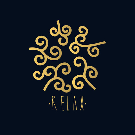 Golden twirls on blue background.  Relax lettering. Eastern design element for t-shirt, poster, greeting card. Eastern golden ornament.のイラスト素材
