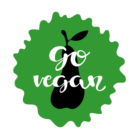 Go vegan lettering. Sticker with pear. Design element for menu, cafe. Healthy food concept.のイラスト素材