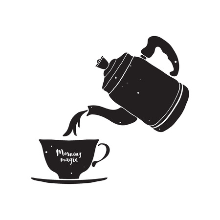 illustration with coffee pot, cup and lettering Morning magic.のイラスト素材