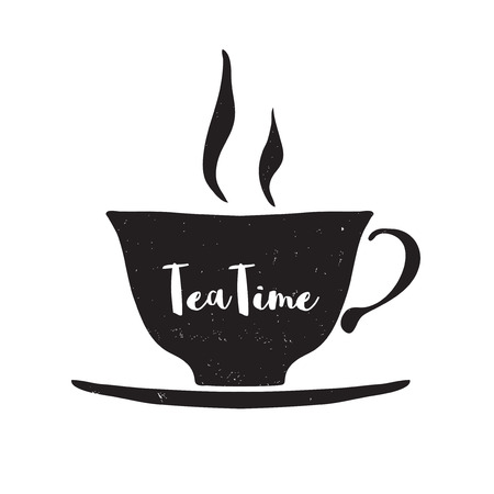 Hand drawn cup with lettering Tea time on white background. Black and white illustration. Design element for menu, poster.のイラスト素材