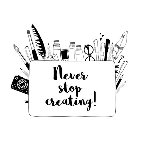 Àrt materials on white background. Black and white vector illustrationのイラスト素材