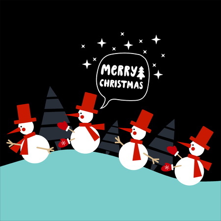 Christmas greeting card with cute snomen and Merry Christmas lettering. Design element for Happy New Year and Christmas greeting cards.のイラスト素材