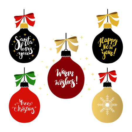 Christmas vector set with holiday Christmas balls. Balls with hand written lettering. Design element for greeting card.のイラスト素材