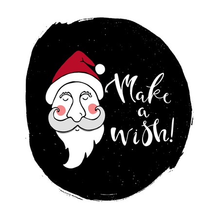 Christmas greeting card with head of Santa Claus. Make a wish hand written lettering. Merry Christmas card template.のイラスト素材