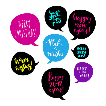 Merry Christmas and Happy New Year greetings in speech bubbles. Bright design element for poster, greeting card.のイラスト素材