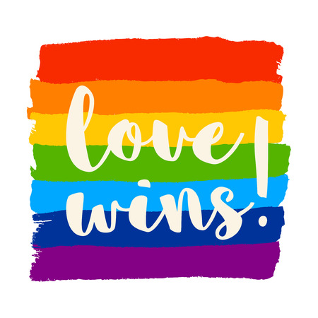 Poster with brush drawn rough stripes on white background in rainbow colors and Love wins lettering. LGBT culture sign. Gay pride design element.のイラスト素材