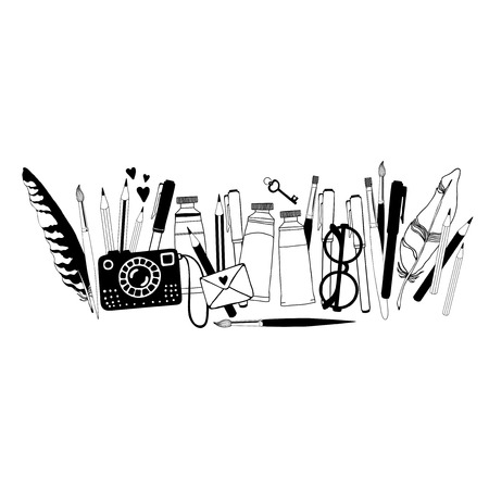 Banner with hand drawn artist stuff. Black and white vector illustrationのイラスト素材