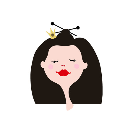 Cartoon girl face on white background. Young Princess in crown. Funny avatar for girl.のイラスト素材