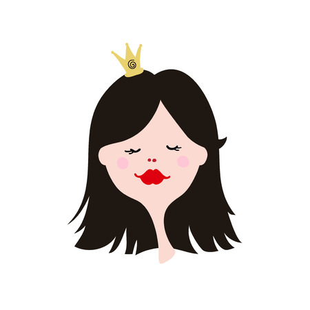 Cartoon girl face on white background. Young Princess in crown. Funny avatar for girl.のイラスト素材