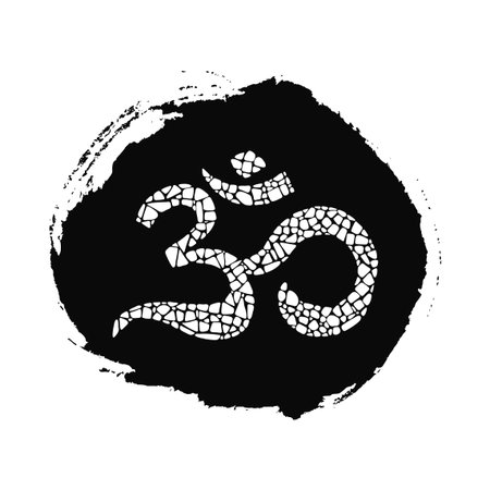 Om mosaic icon on black ink drop. Om design element for eastern culture.