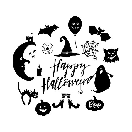 Set of hand drawn Halloween symbols. Design element for holiday decor.のイラスト素材