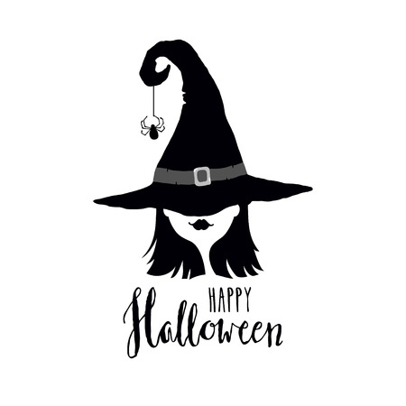 Happy Halloween greeting card with witch in hat. Black and white vector illustration.Design elements for Halloween event.のイラスト素材