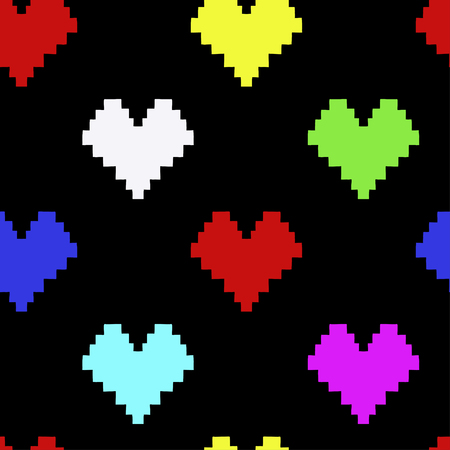 Seamless pattern with neon color hearts. Pixel Heart shapes. Romantic background for St. Valentine Day. Design element for greeting cards, wrapping paper, textile, fabric, wallpaper, wedding decoration.のイラスト素材