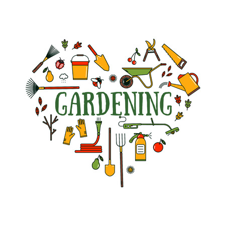 Set of garden tools on white background. Colored working equipment. Line style icons.のイラスト素材