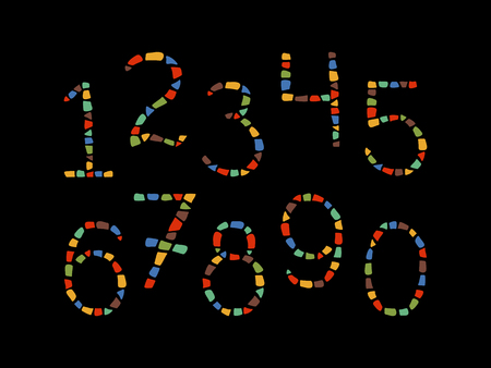 Mosaic numbers from 0 to 9. Ceramic tile texture. Easy to recolor. Vector mosaic figures on black background.のイラスト素材