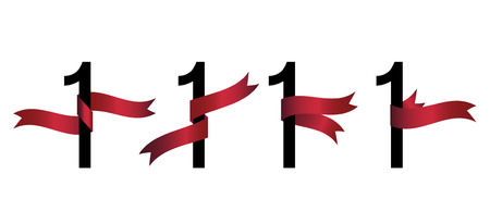 Set of number 1 symbols with red ribbons on white background. Design element for greeting card, anniversary event, promotion.のイラスト素材