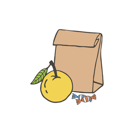 Hand drawn paper bag and apple. School lunch food.のイラスト素材
