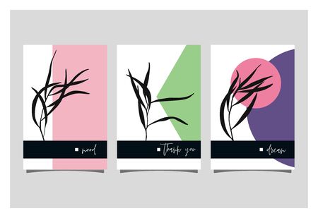Set of card template with geometrical forms and black branch silhouette. Design element for greeting card, postcard, poster, sale tag, invitation.のイラスト素材