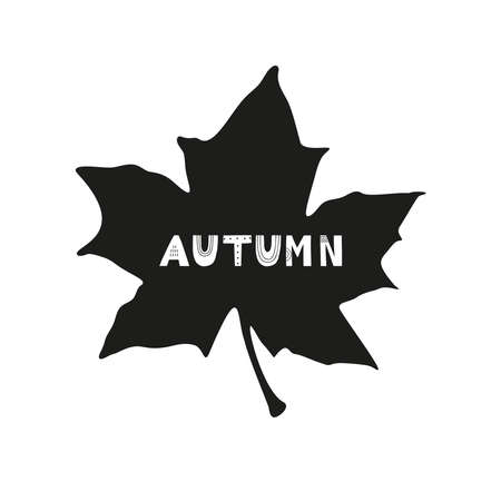 Autumn hand drawn lettering in Scandinavian style and black maple leaf silhouette. Season design element for greeting card, print, poster, t-shirt.のイラスト素材