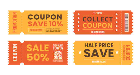 Set of discount coupons for sale. Big Sale Coupon Discount, Promotion Coupon, Discount Ticket Collection. Vector illustration of banner template design with promo code isolated on white backgroundのイラスト素材