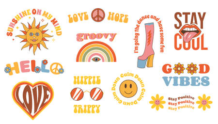 Colorful retro set of Hippie slogans, text and groovy 70s elements. Motivational, Inspirational vintage quote, lettering text design for posters, t-shirt, cards and stickers.のイラスト素材