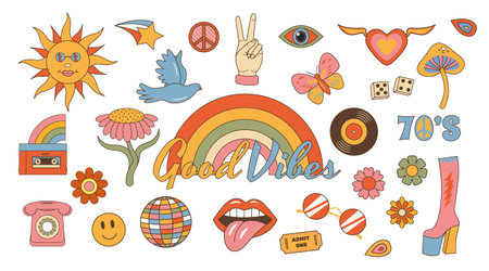 Collections hippie retro groovy elements 70s-80s style. Vintage daisy flowers, mushroom, peace signs, lips, rainbow, vinyl plate. Good vibes decorative cartoon symbols isolated onのイラスト素材
